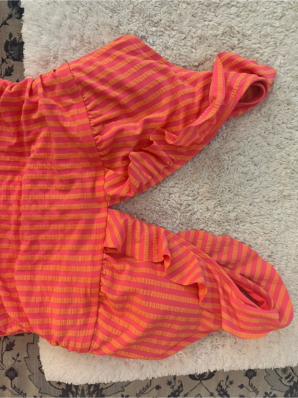 Ellen Tracy Striped Ruffle V-Neck One-Piece Swimsuit - Coral & Pink size 14 - Picture 3 of 8